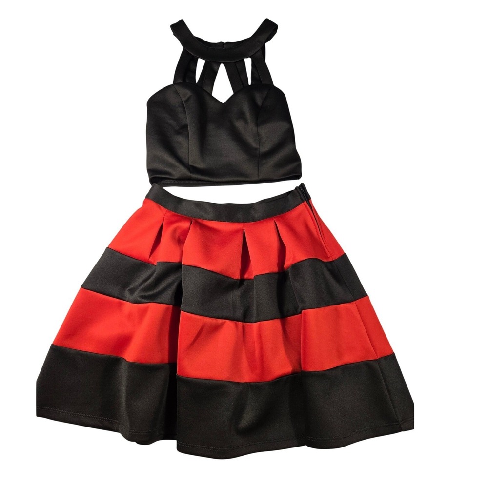 Midnight‎ Doll Womens 2 Pc. Set Red Black Striped Skater Skirt Halter Crop Top 5